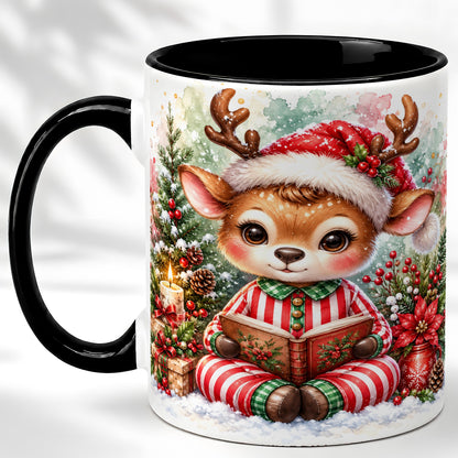#pl[11oz|Black] Reading Reindeer Coffee Mug, Christmas Mug, Ceramic Cup