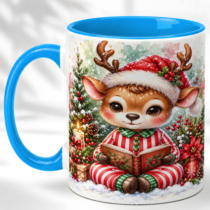 #pl[11oz|Blue] Reading Reindeer Coffee Mug, Christmas Mug, Ceramic Cup