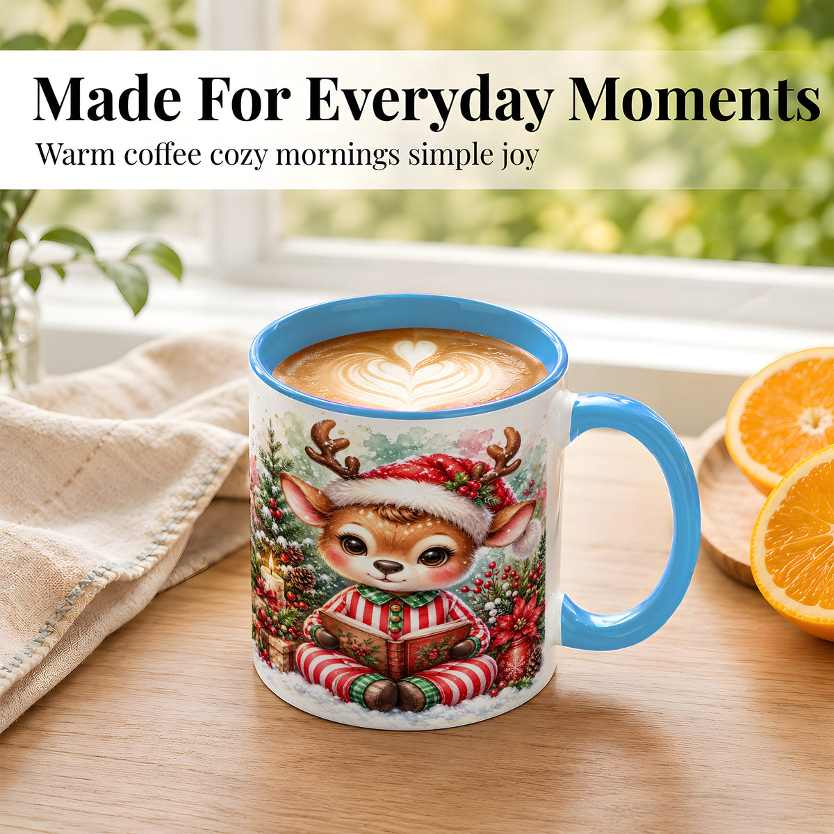 #pl[11oz|Blue] Reading Reindeer Coffee Mug, Christmas Mug, Ceramic Cup
