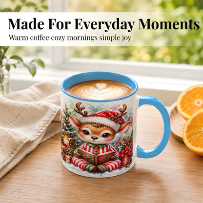 #pl[11oz|Blue] Reading Reindeer Coffee Mug, Christmas Mug, Ceramic Cup