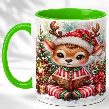 #pl[11oz|Green] Reading Reindeer Coffee Mug, Christmas Mug, Ceramic Cup