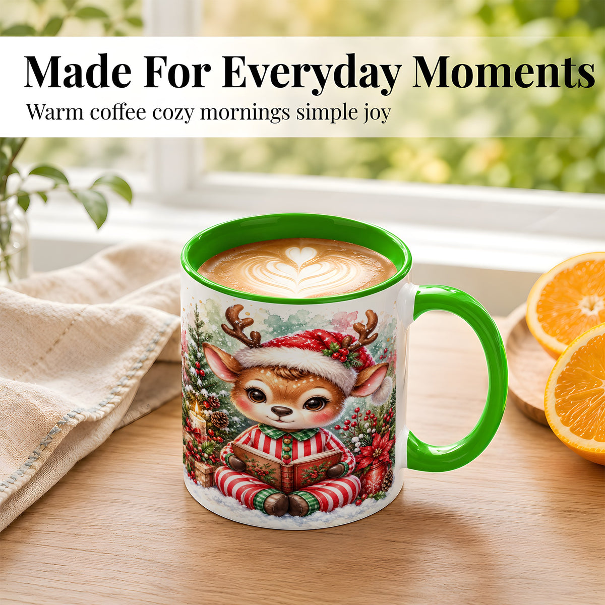 #pl[11oz|Green] Reading Reindeer Coffee Mug, Christmas Mug, Ceramic Cup