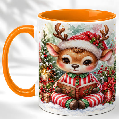 #pl[11oz|Orange] Reading Reindeer Coffee Mug, Christmas Mug, Ceramic Cup