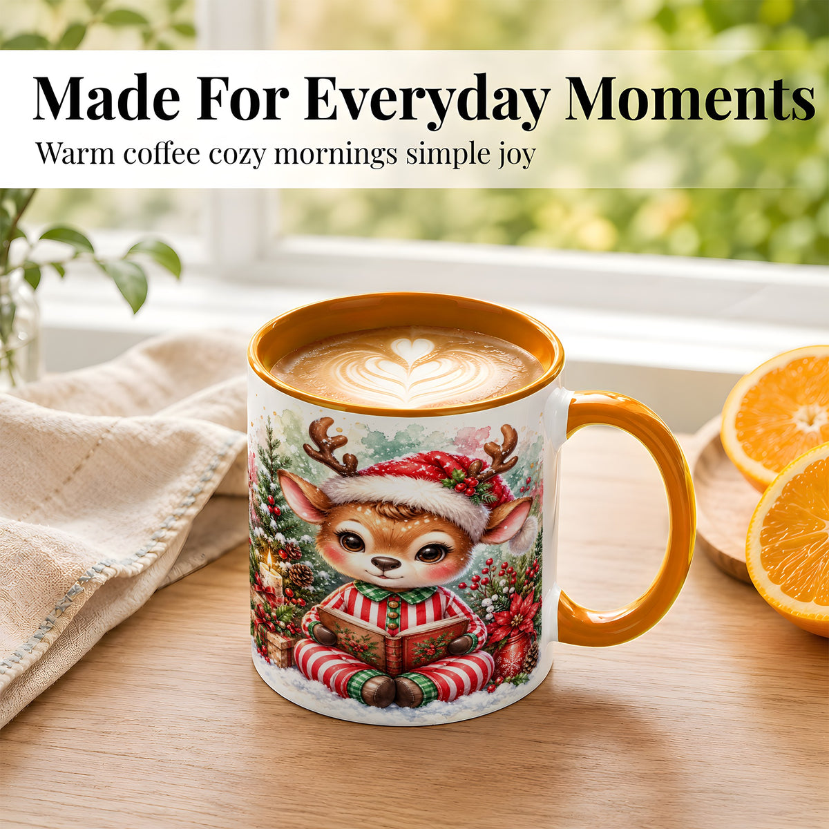 #pl[11oz|Orange] Reading Reindeer Coffee Mug, Christmas Mug, Ceramic Cup