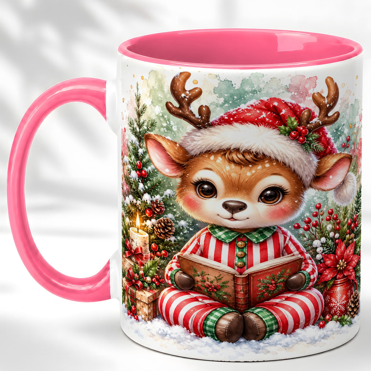 #pl[11oz|Pink] Reading Reindeer Coffee Mug, Christmas Mug, Ceramic Cup