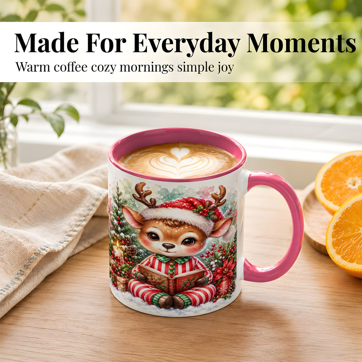#pl[11oz|Pink] Reading Reindeer Coffee Mug, Christmas Mug, Ceramic Cup