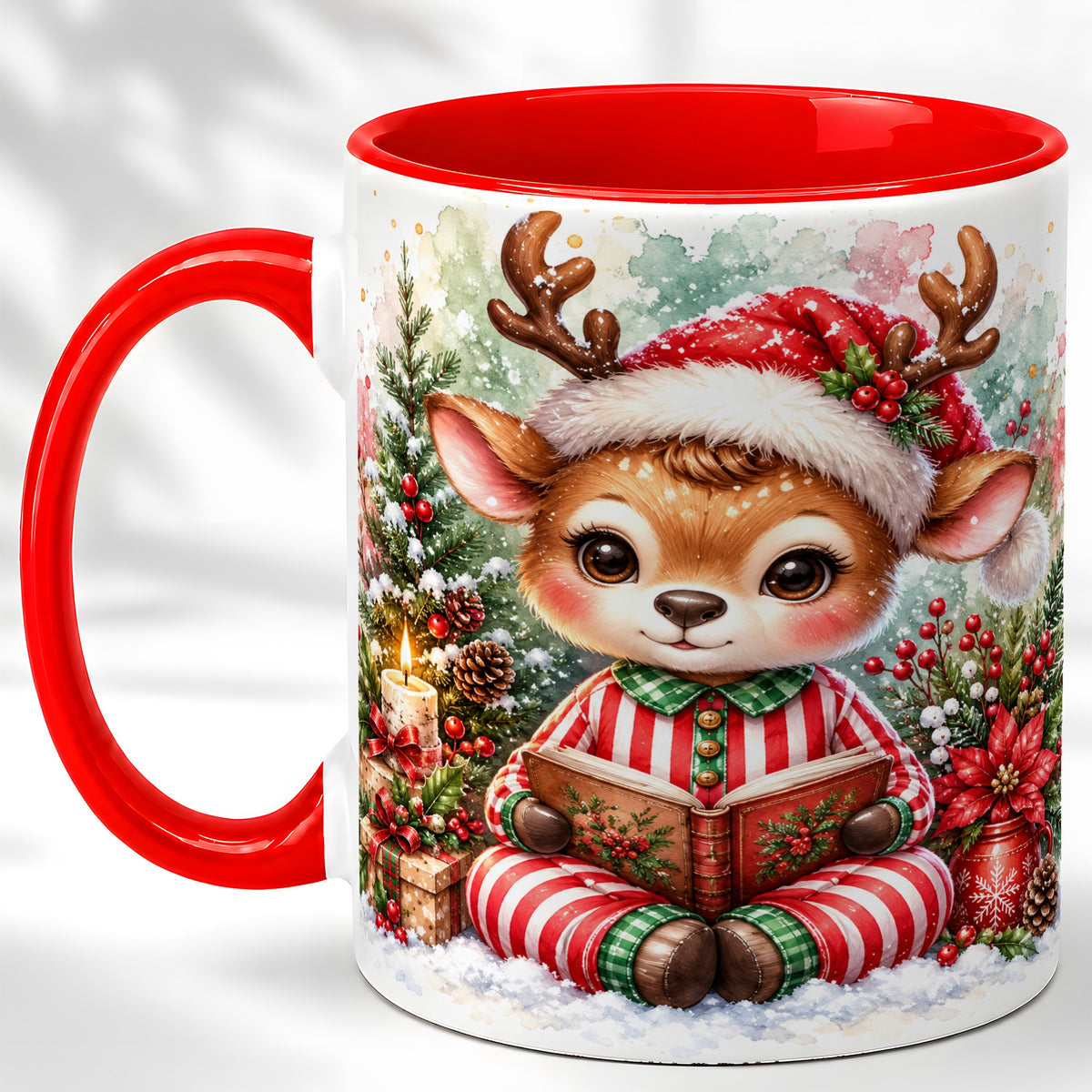 Reading Reindeer Coffee Mug, Christmas Mug, Ceramic Cup
