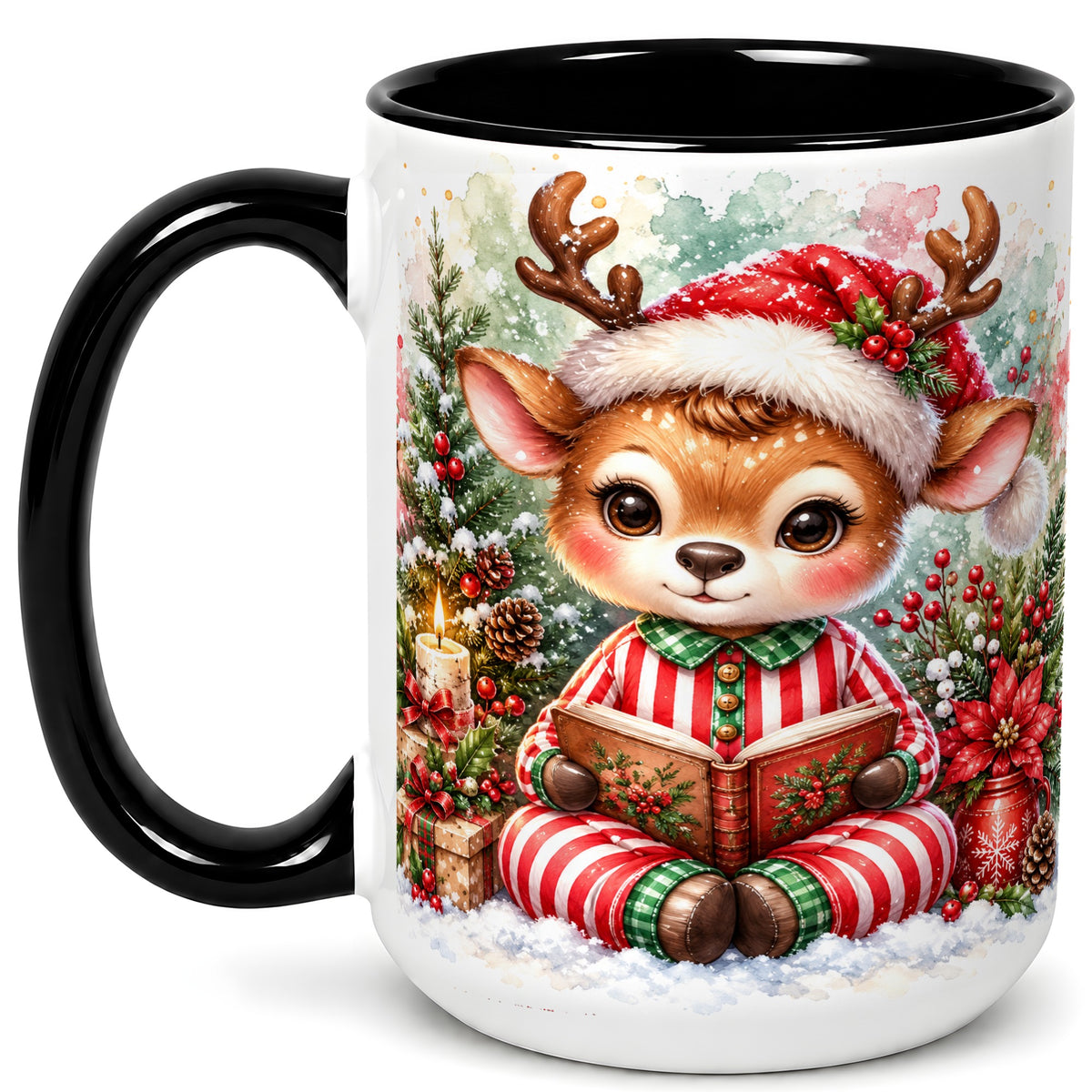 #pl[15oz|Black] Reading Reindeer Coffee Mug, Christmas Mug, Ceramic Cup