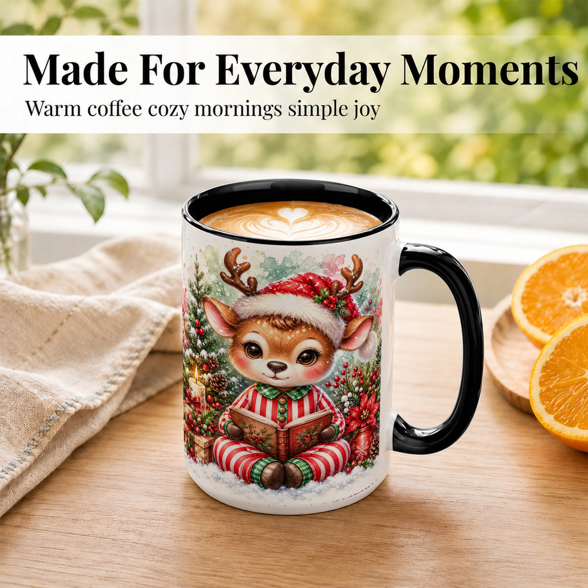 #pl[15oz|Black] Reading Reindeer Coffee Mug, Christmas Mug, Ceramic Cup