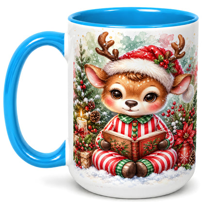 #pl[15oz|Blue] Reading Reindeer Coffee Mug, Christmas Mug, Ceramic Cup