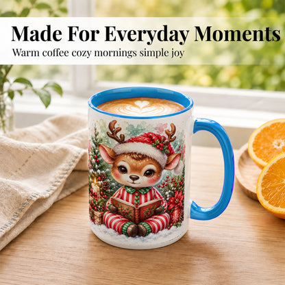 #pl[15oz|Blue] Reading Reindeer Coffee Mug, Christmas Mug, Ceramic Cup