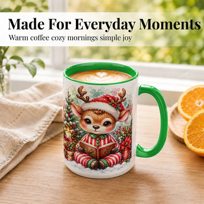 #pl[15oz|Green] Reading Reindeer Coffee Mug, Christmas Mug, Ceramic Cup