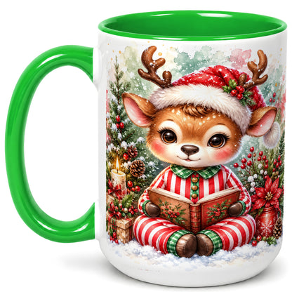 #pl[15oz|Green] Reading Reindeer Coffee Mug, Christmas Mug, Ceramic Cup