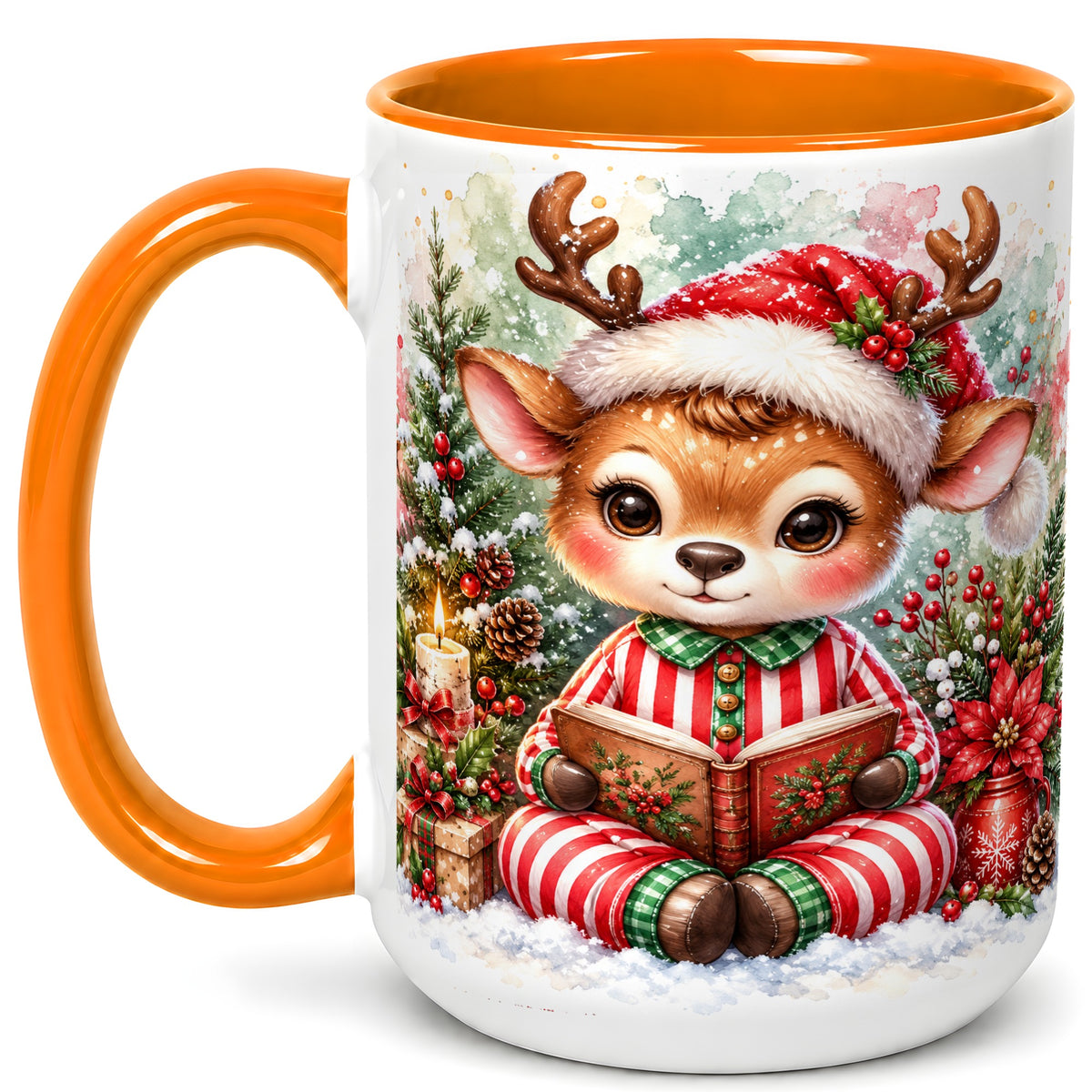 #pl[15oz|Orange] Reading Reindeer Coffee Mug, Christmas Mug, Ceramic Cup