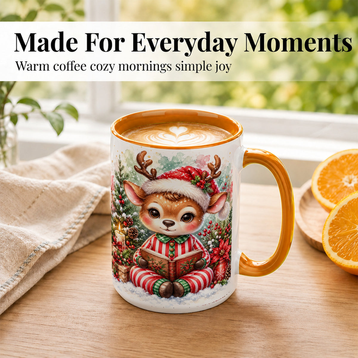 #pl[15oz|Orange] Reading Reindeer Coffee Mug, Christmas Mug, Ceramic Cup