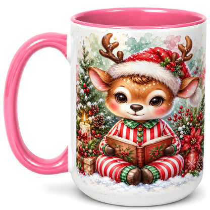 #pl[15oz|Pink] Reading Reindeer Coffee Mug, Christmas Mug, Ceramic Cup