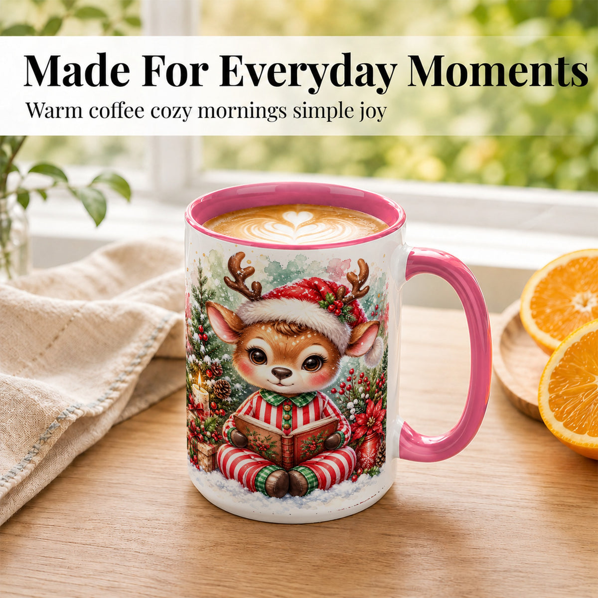 #pl[15oz|Pink] Reading Reindeer Coffee Mug, Christmas Mug, Ceramic Cup