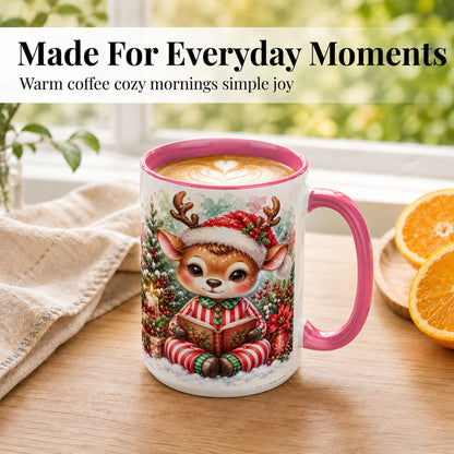 #pl[15oz|Pink] Reading Reindeer Coffee Mug, Christmas Mug, Ceramic Cup