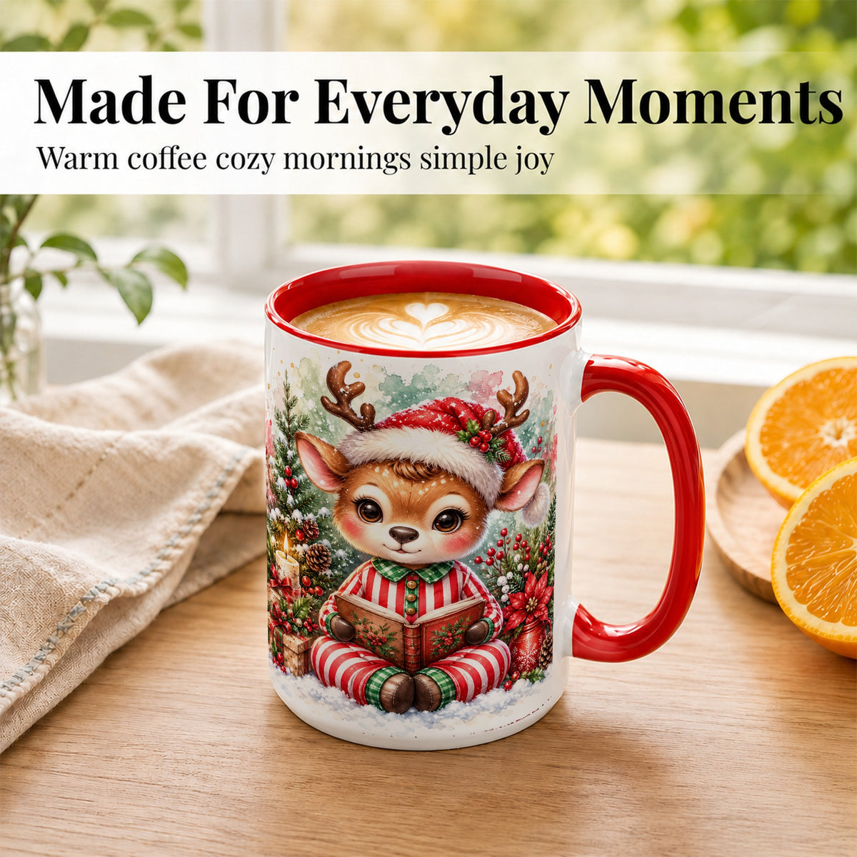 #pl[15oz|Red] Reading Reindeer Coffee Mug, Christmas Mug, Ceramic Cup