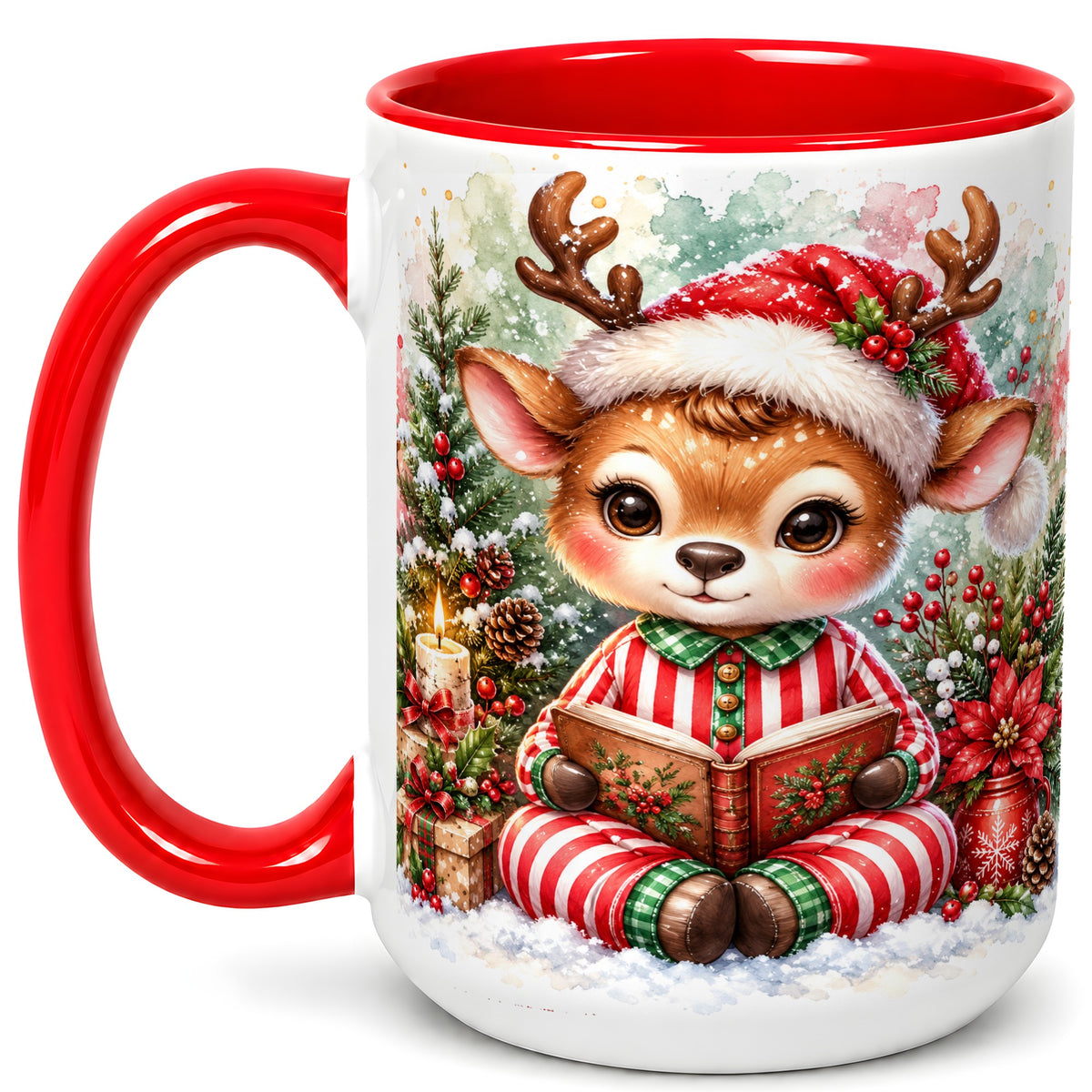 #pl[15oz|Red] Reading Reindeer Coffee Mug, Christmas Mug, Ceramic Cup