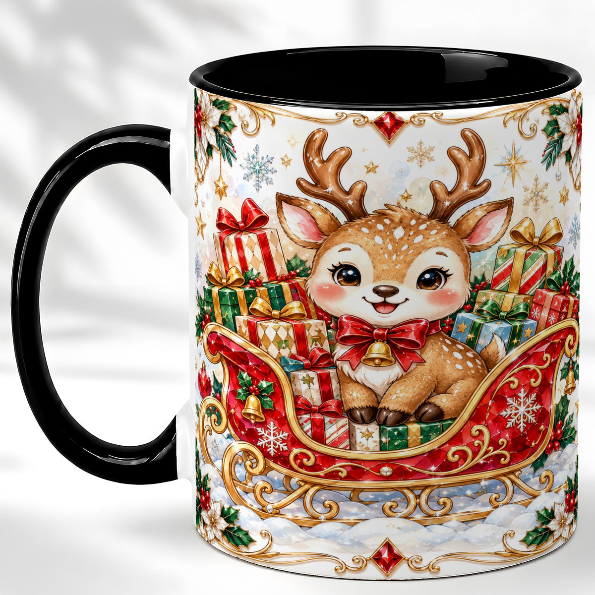 #pl[11oz|Black] Christmas Sleigh Reindeer Coffee Mug, Holiday Mug, Ceramic Cup