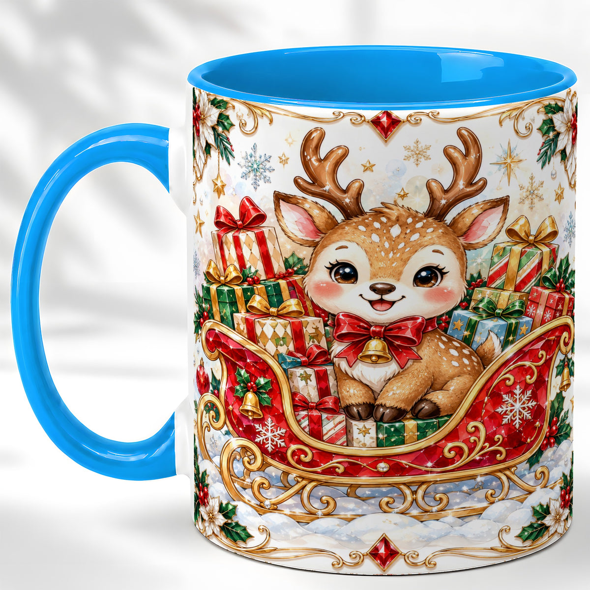 #pl[11oz|Blue] Christmas Sleigh Reindeer Coffee Mug, Holiday Mug, Ceramic Cup