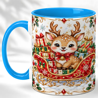 #pl[11oz|Blue] Christmas Sleigh Reindeer Coffee Mug, Holiday Mug, Ceramic Cup
