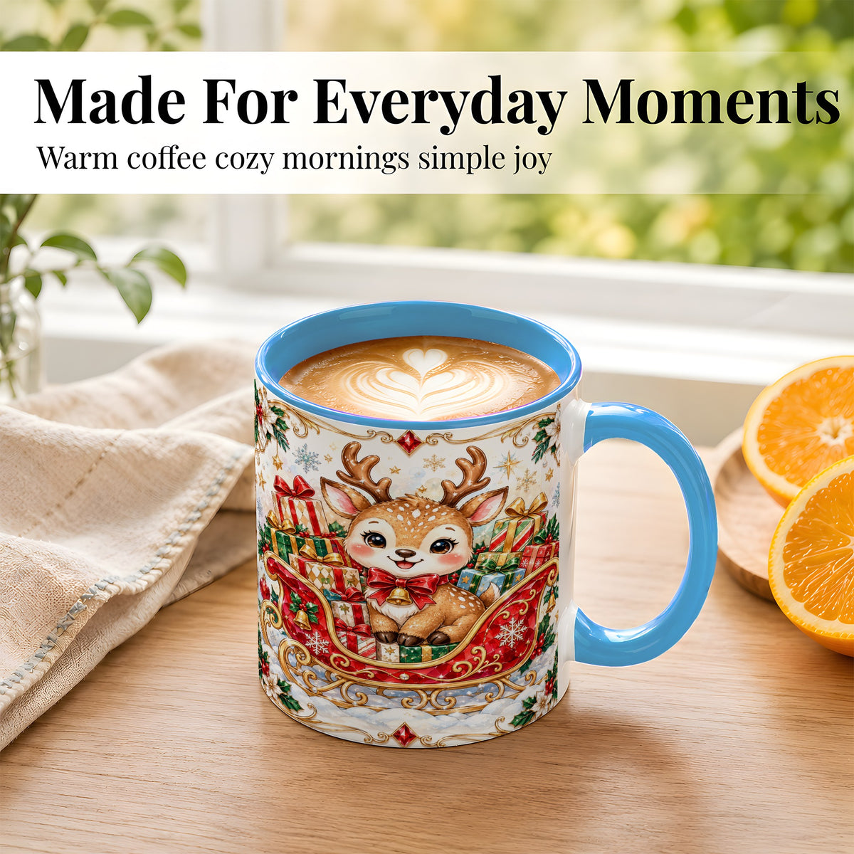 #pl[11oz|Blue] Christmas Sleigh Reindeer Coffee Mug, Holiday Mug, Ceramic Cup