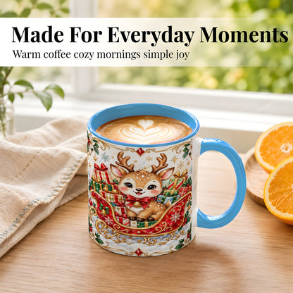 #pl[11oz|Blue] Christmas Sleigh Reindeer Coffee Mug, Holiday Mug, Ceramic Cup