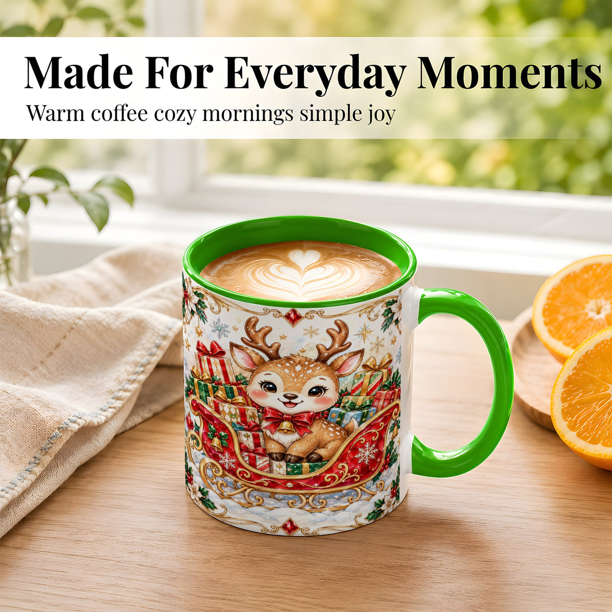 #pl[11oz|Green] Christmas Sleigh Reindeer Coffee Mug, Holiday Mug, Ceramic Cup