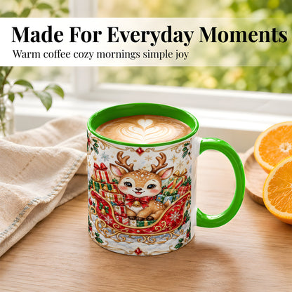 #pl[11oz|Green] Christmas Sleigh Reindeer Coffee Mug, Holiday Mug, Ceramic Cup