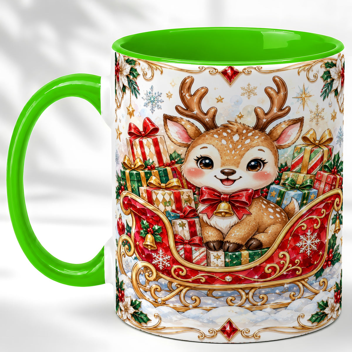 #pl[11oz|Green] Christmas Sleigh Reindeer Coffee Mug, Holiday Mug, Ceramic Cup