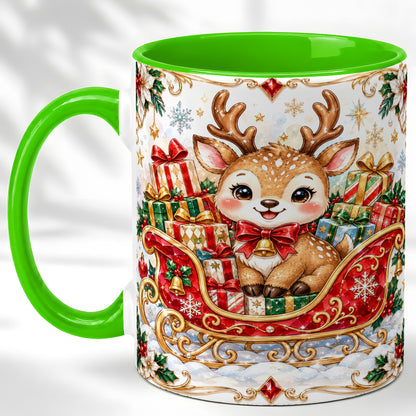 #pl[11oz|Green] Christmas Sleigh Reindeer Coffee Mug, Holiday Mug, Ceramic Cup