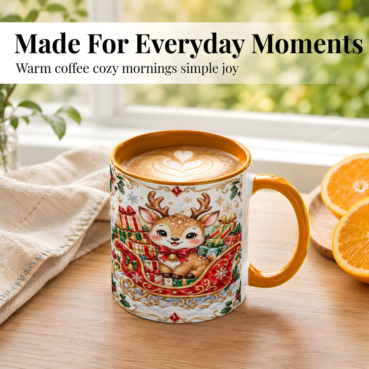 #pl[11oz|Orange] Christmas Sleigh Reindeer Coffee Mug, Holiday Mug, Ceramic Cup