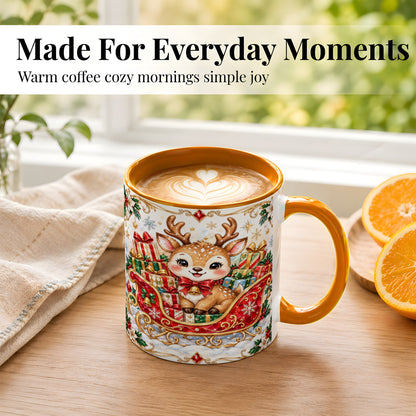 #pl[11oz|Orange] Christmas Sleigh Reindeer Coffee Mug, Holiday Mug, Ceramic Cup