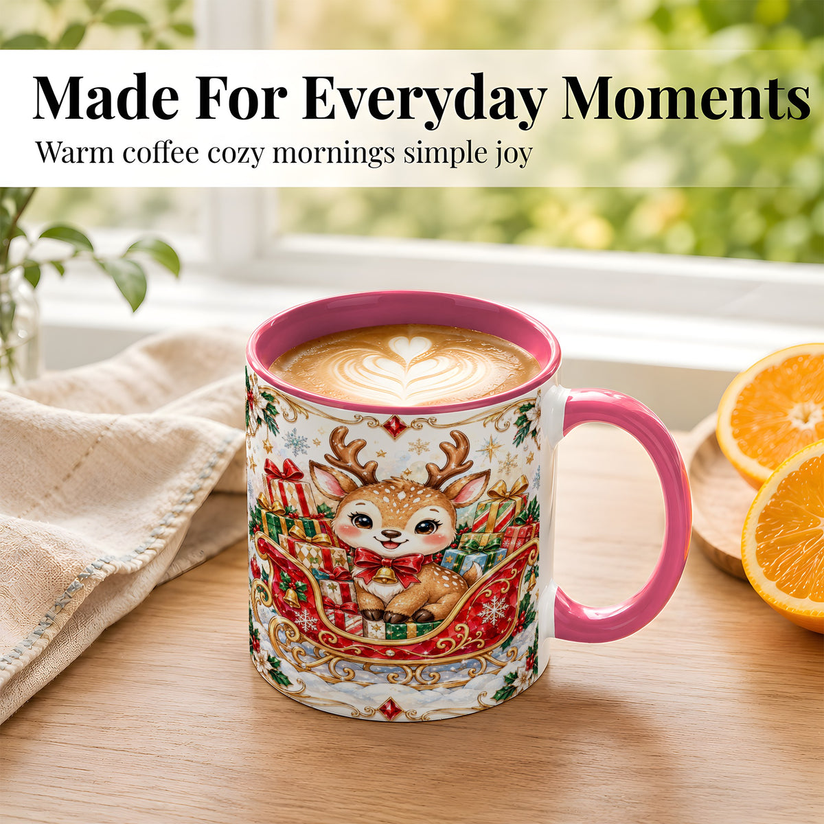 #pl[11oz|Pink] Christmas Sleigh Reindeer Coffee Mug, Holiday Mug, Ceramic Cup