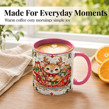 #pl[11oz|Pink] Christmas Sleigh Reindeer Coffee Mug, Holiday Mug, Ceramic Cup