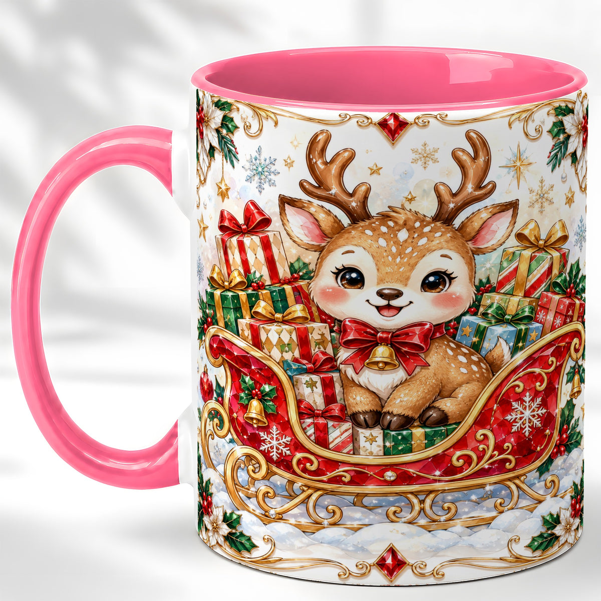 #pl[11oz|Pink] Christmas Sleigh Reindeer Coffee Mug, Holiday Mug, Ceramic Cup