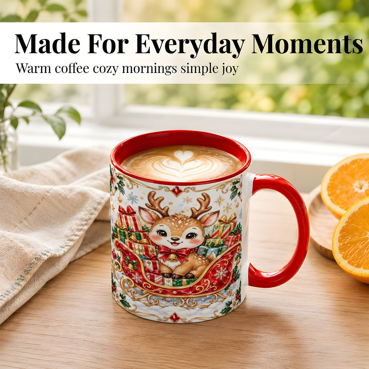 #pl[11oz|Red] Christmas Sleigh Reindeer Coffee Mug, Holiday Mug, Ceramic Cup