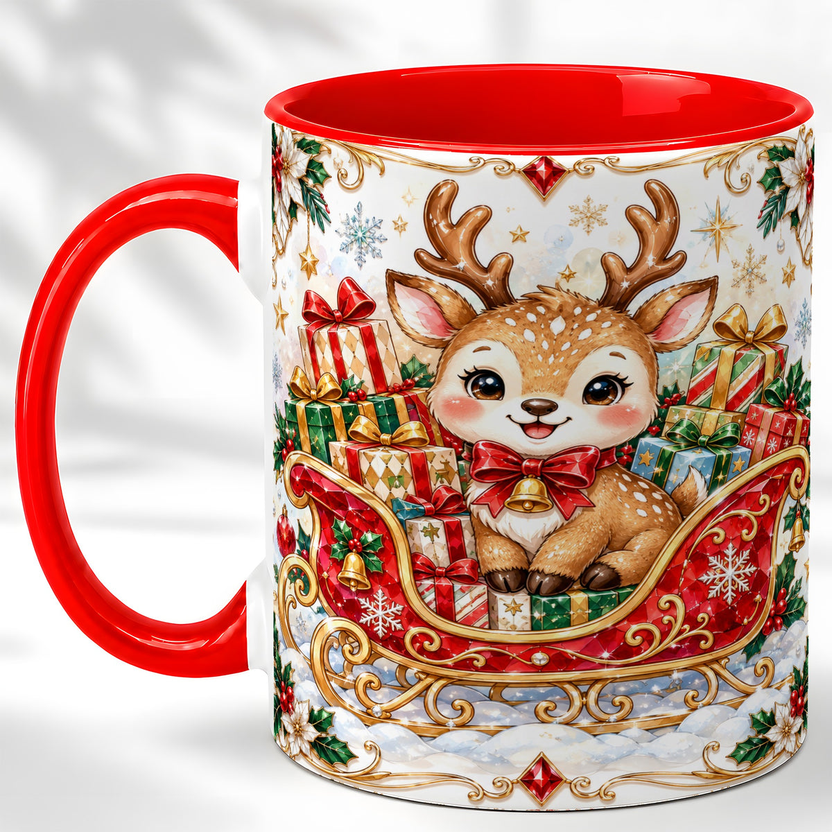 Christmas Sleigh Reindeer Coffee Mug, Holiday Mug, Ceramic Cup