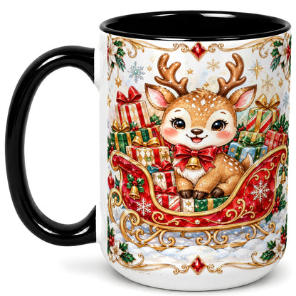 #pl[15oz|Black] Christmas Sleigh Reindeer Coffee Mug, Holiday Mug, Ceramic Cup