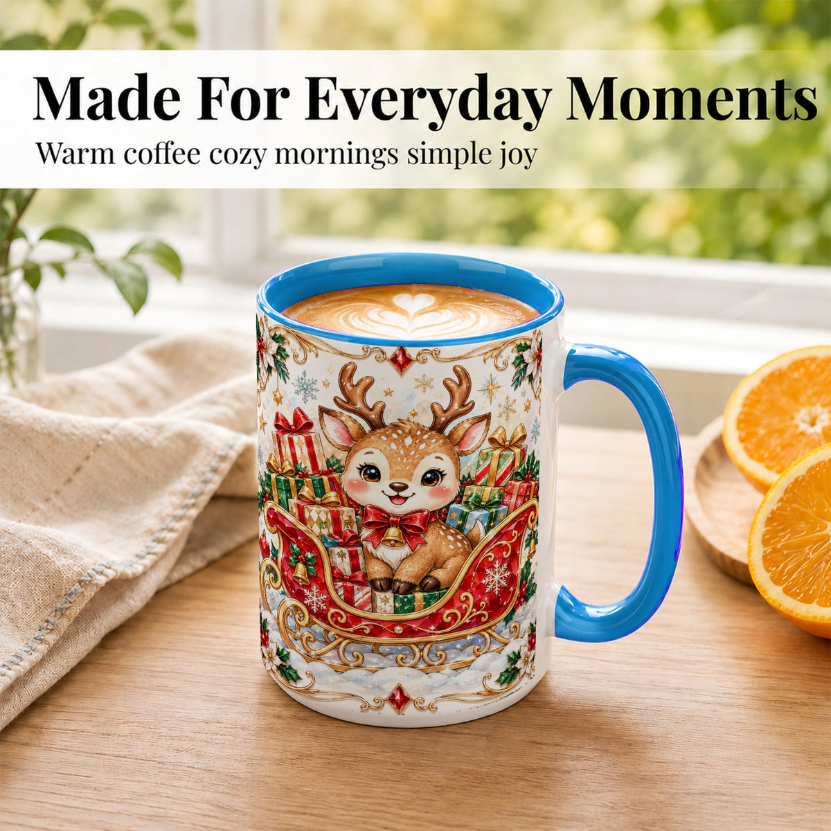 #pl[15oz|Blue] Christmas Sleigh Reindeer Coffee Mug, Holiday Mug, Ceramic Cup