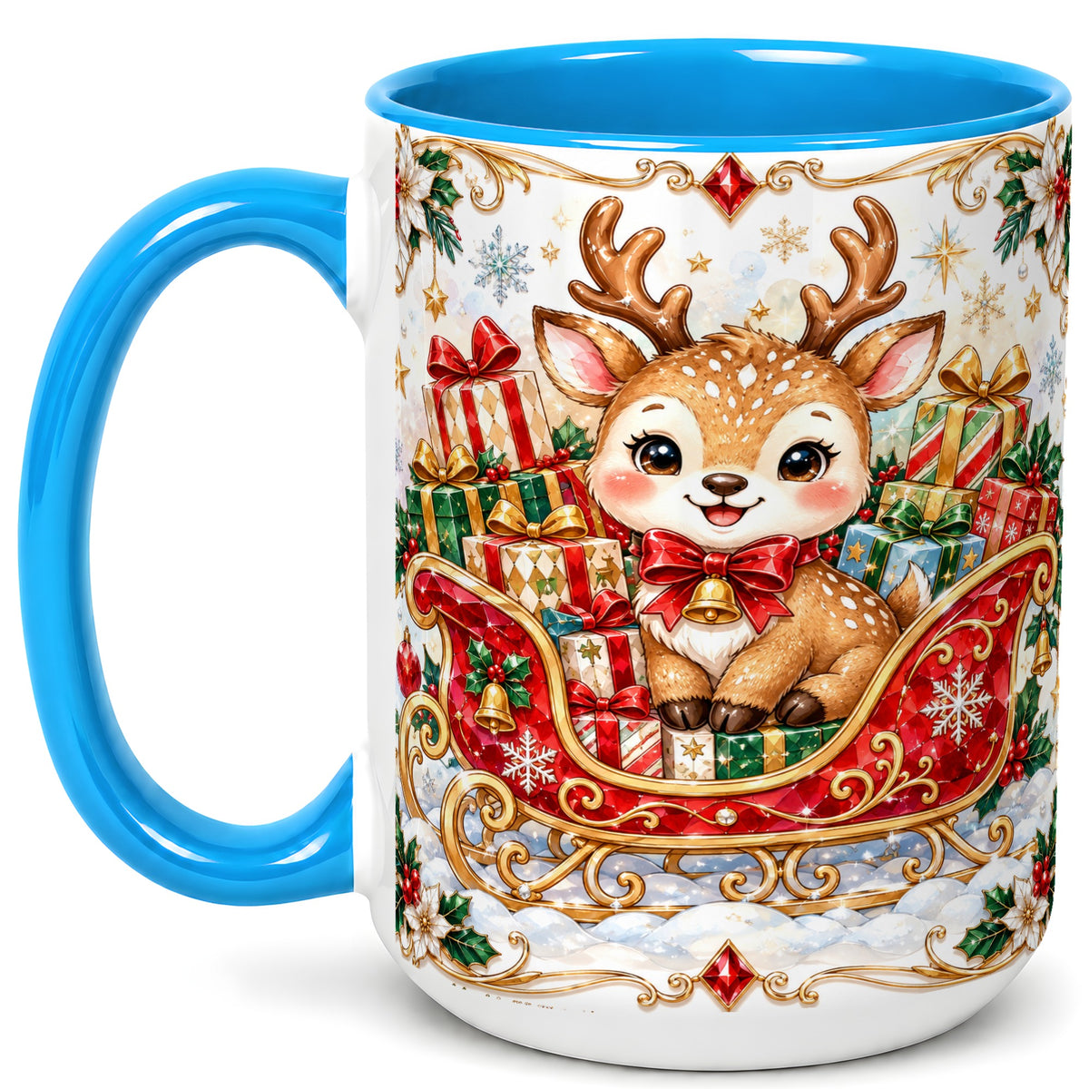 #pl[15oz|Blue] Christmas Sleigh Reindeer Coffee Mug, Holiday Mug, Ceramic Cup