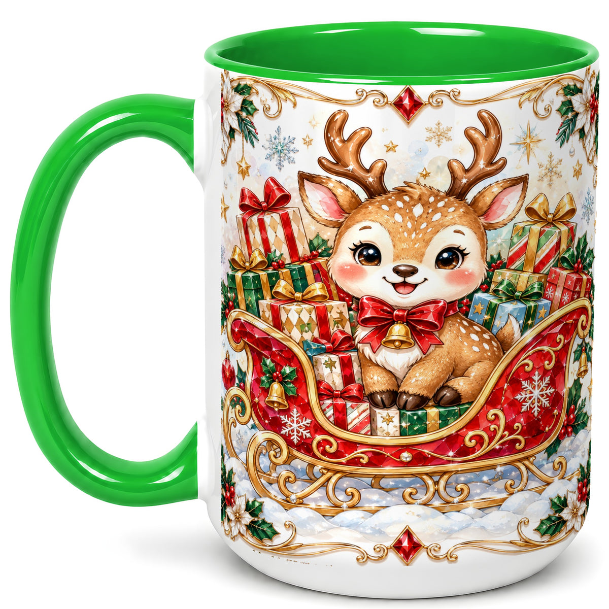 #pl[15oz|Green] Christmas Sleigh Reindeer Coffee Mug, Holiday Mug, Ceramic Cup