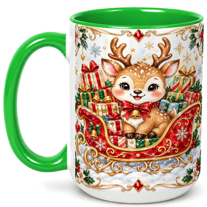 #pl[15oz|Green] Christmas Sleigh Reindeer Coffee Mug, Holiday Mug, Ceramic Cup