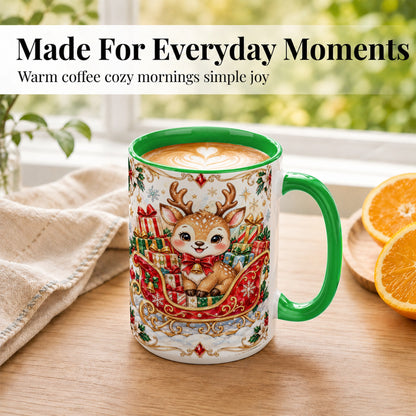 #pl[15oz|Green] Christmas Sleigh Reindeer Coffee Mug, Holiday Mug, Ceramic Cup
