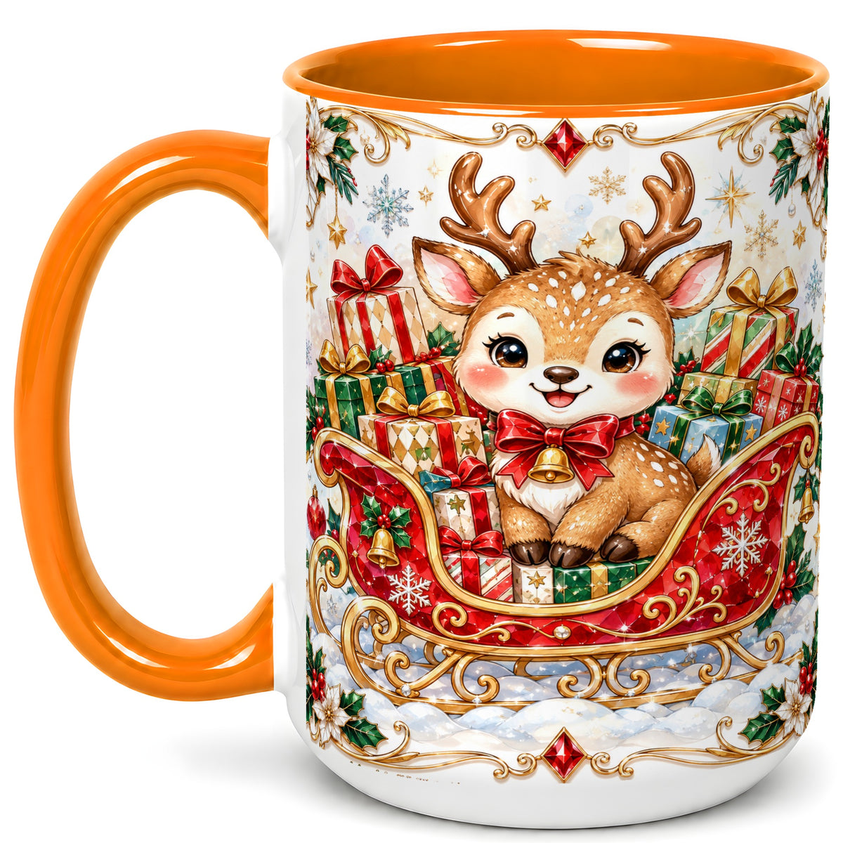 #pl[15oz|Orange] Christmas Sleigh Reindeer Coffee Mug, Holiday Mug, Ceramic Cup