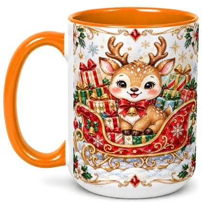 #pl[15oz|Orange] Christmas Sleigh Reindeer Coffee Mug, Holiday Mug, Ceramic Cup