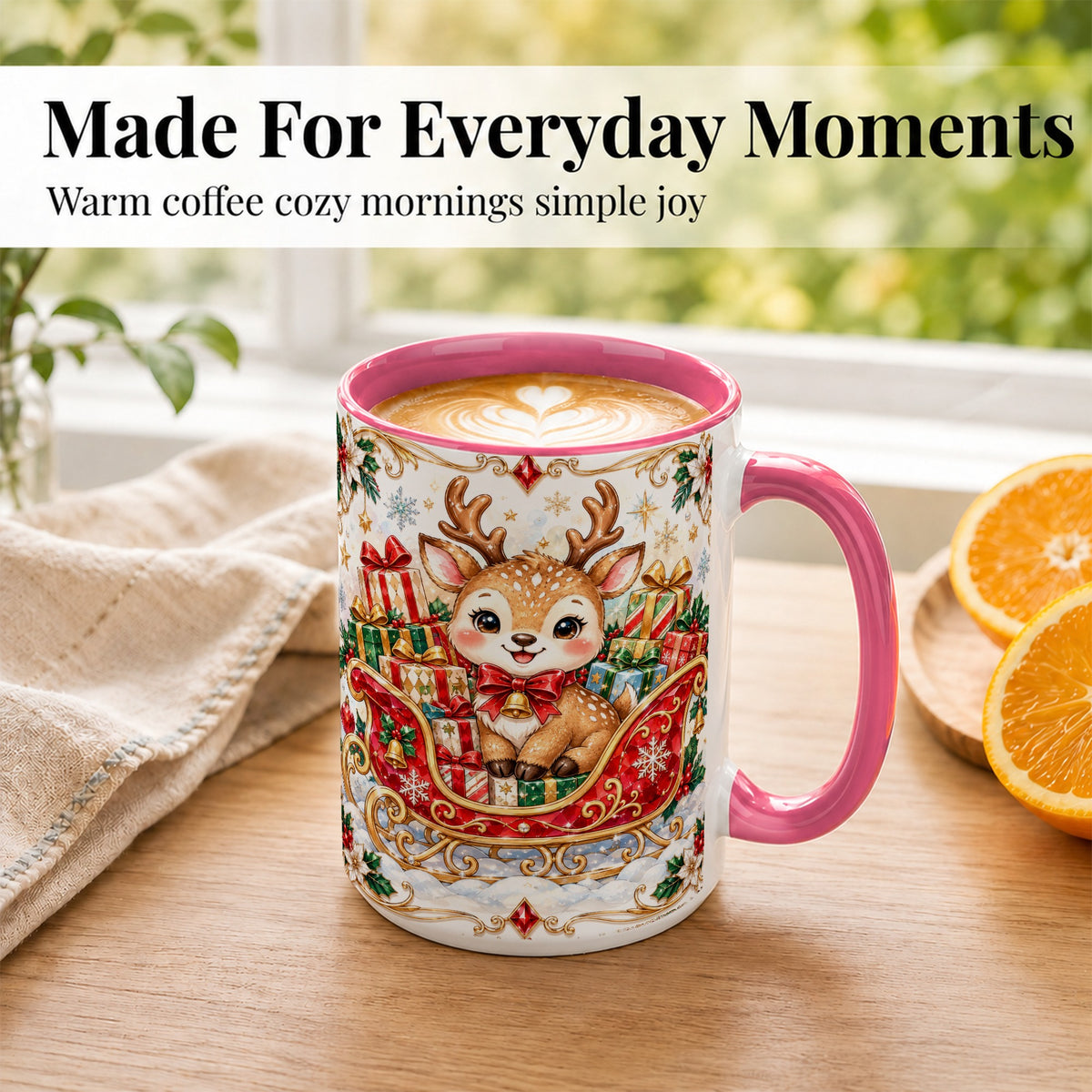 #pl[15oz|Pink] Christmas Sleigh Reindeer Coffee Mug, Holiday Mug, Ceramic Cup