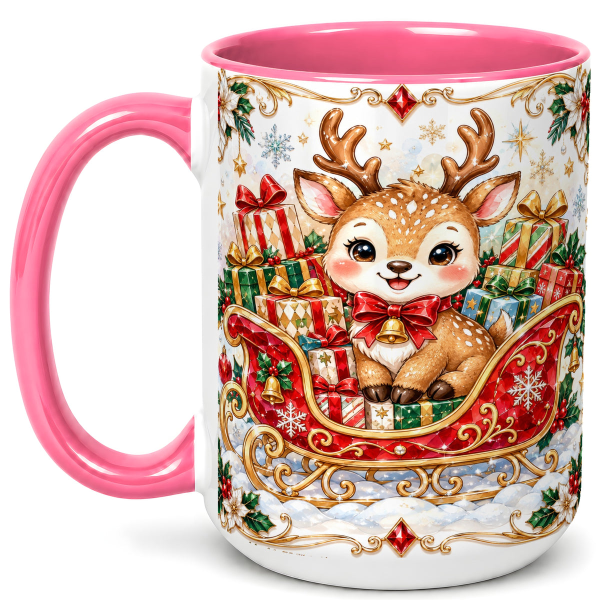 #pl[15oz|Pink] Christmas Sleigh Reindeer Coffee Mug, Holiday Mug, Ceramic Cup